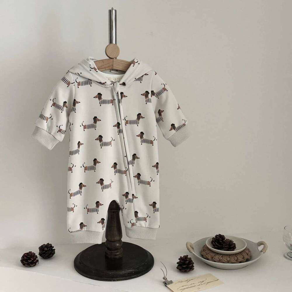 Autumn New Cute and Comfortable Baby Sausage Dog Print Hooded Pants Crawling Unisex Boys Girls Clothes Newborn Items 26Y0224