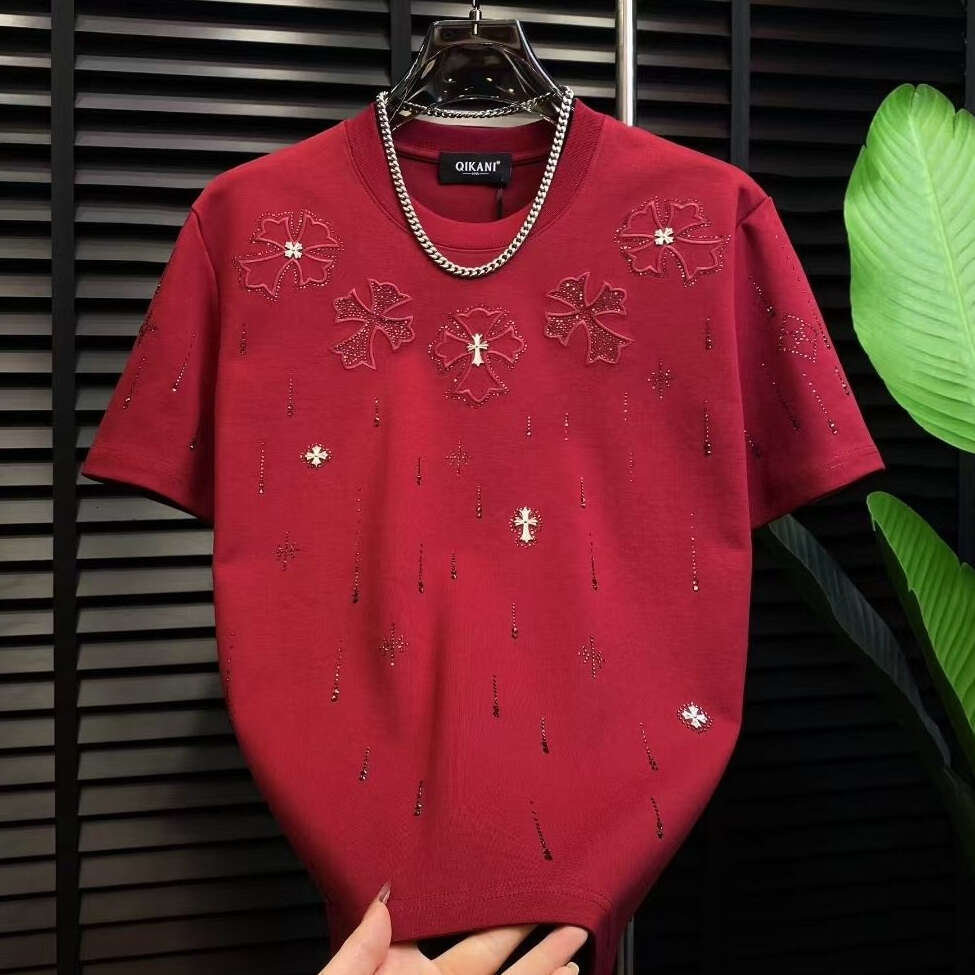 Summer New Luxury Trendy American And European Style Casual Fashion Men's Rhinestone Round-Neck Short-Sleeve Shirt