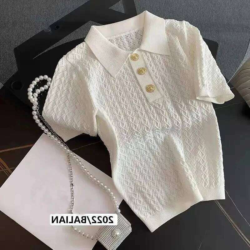 Ice Silk Polo Shirt Knitted Short Sleeve T-Shirt Summer Chic Thin Unique Jacquard Women Tops 2026 Korean Style Womens Clothing 26W0224