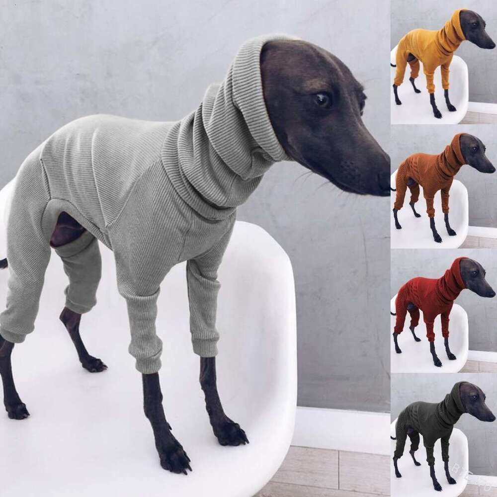 Cross border European American foreign trade solid color autumn and winter fashion pet four legged outfit with high collar slim fit ribbed warm dog pu