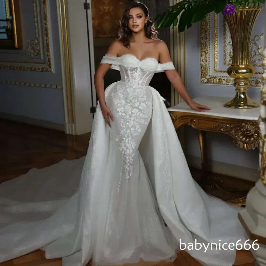 Plus Size Luxury Mermaid Wedding Dresses With Detachable Overskirts Train Off The Shoulder Beaded Pearls Bridal Gown Side Split Custom Made Robe de ma