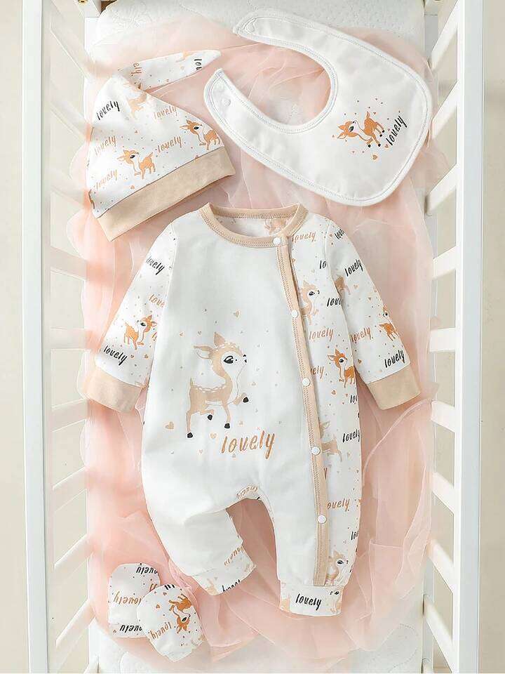 4Pcs Baby Girls Long Sleeve All Seasons Deer Open Stitch pastorale Jumpsuit+Bib+Gloves+Hat 26Y0224