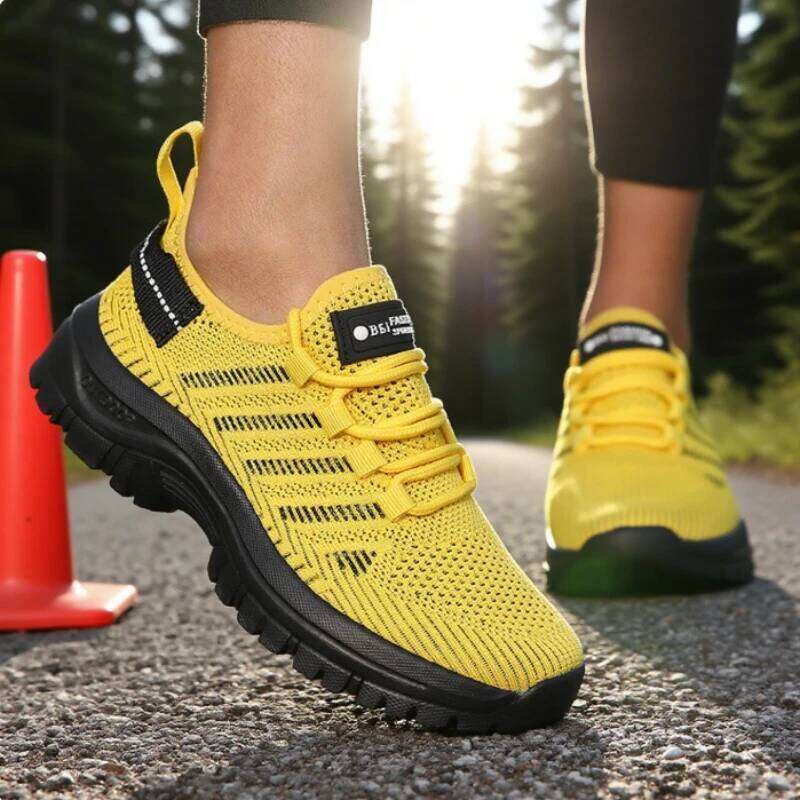 Women's Casual Mesh Breathable Knitted Comfortable Outdoor Flat Walking Trendy Striped Design Couple Jogging Shoes