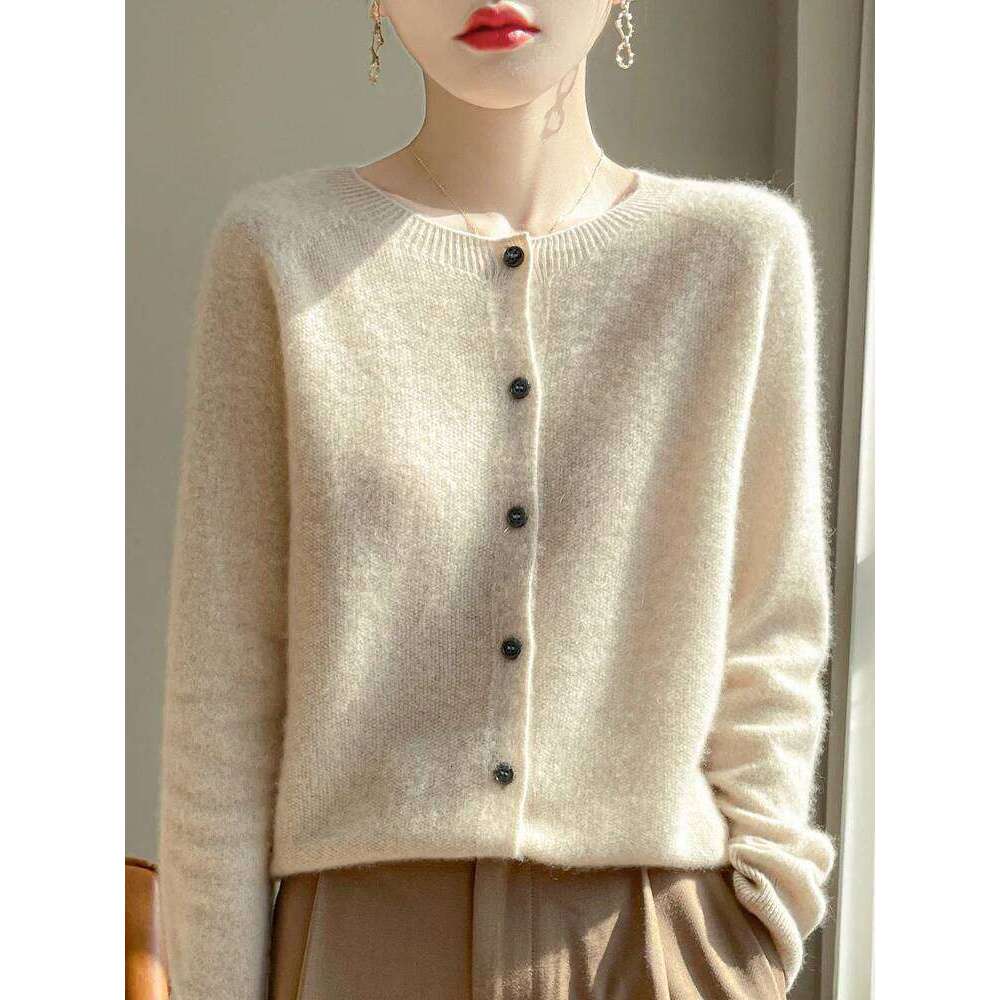 Women 100% Merino Wool Cardigan Soft O-Neck Cashmere Sweater OL Buttoned Knitwear Casual Top Clothing Korean Style 26L0224