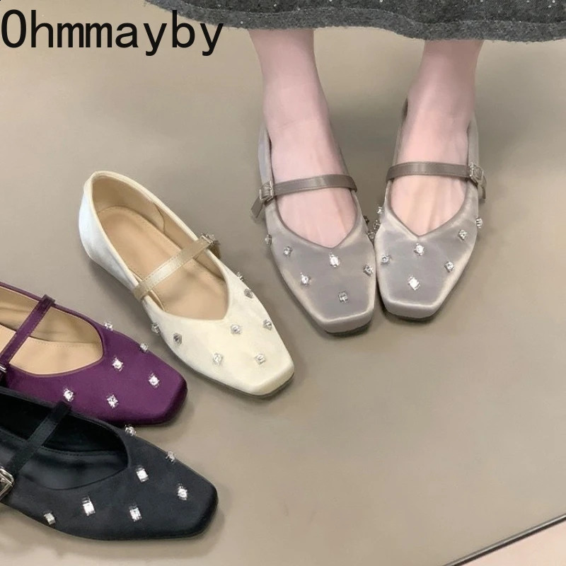 Crystal Square Toe Women Ballet Flats Ladies Elegant Dress Mary Jane Shoes 2026 Spring Autumn Concise Zapatos De Mujer 260130