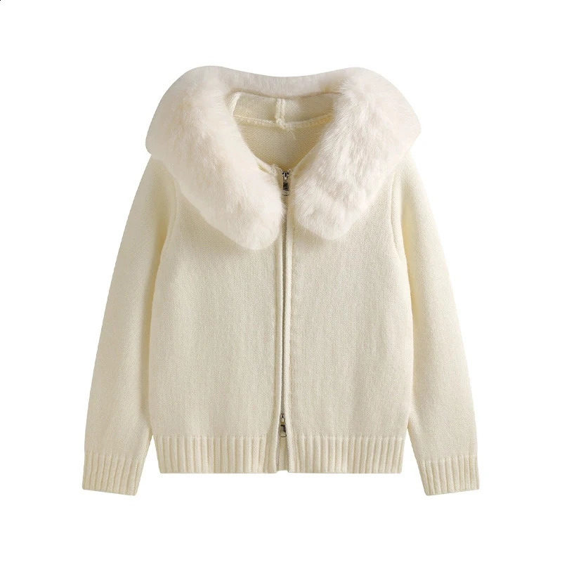 Winter Sweater Coat Women Hooded Cardigan Fur Collar Knit Thicken Warm Womens Coats Chic Casual Outwear 260126