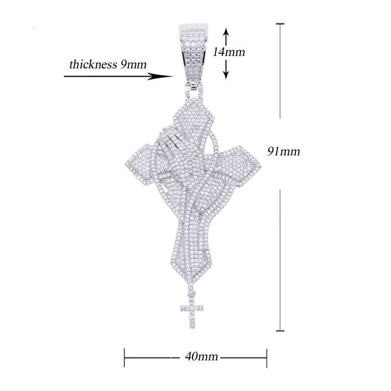 New Hip Hop Men Boy Fine Jewelry Full Iced Out Bling Cubic MoissaniteVVS Paved Praying Hand Cross Charm Pendant 91MM Necklace