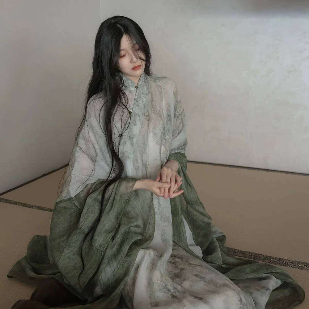 Mardi Hefxessdr Homemade Women s Clothing Cool Chinese Style Cheongsam Sleeves Loose nd Elegant Cold Green Literary Robe Dress