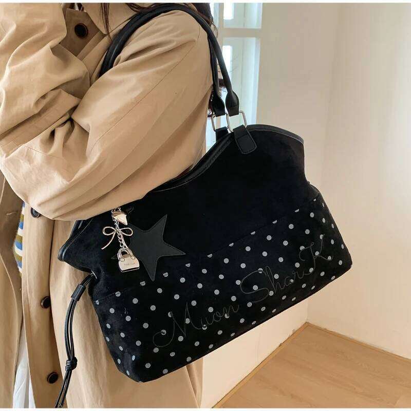 Polka Dot Suede Shoulder Women Stylish Brown Slouchy Tote Drawstring Design Magnetic Buckle Underarm Bag With Star Pendant Z260224