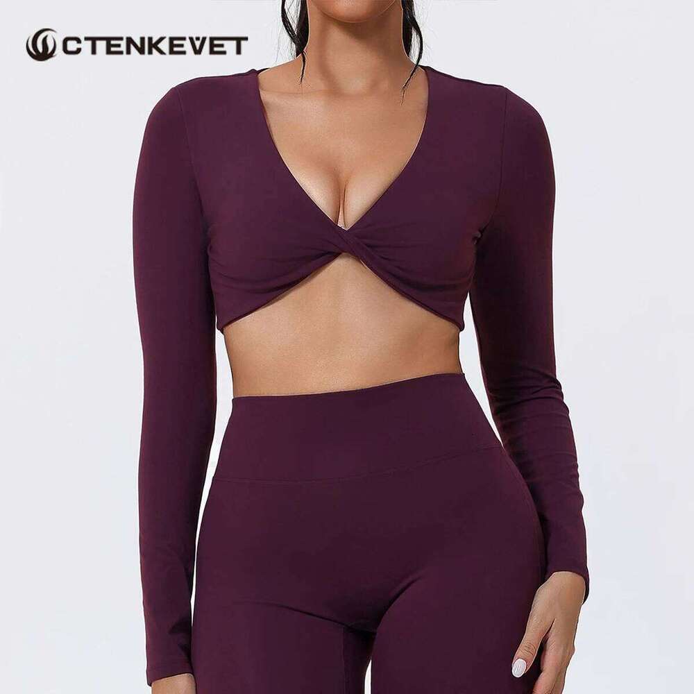 New Fall/Winter Long-Sleeve T-Shirt Outdoor Running & Fitness Top Women's Deep V-Neck Yoga Wear 26Y0224