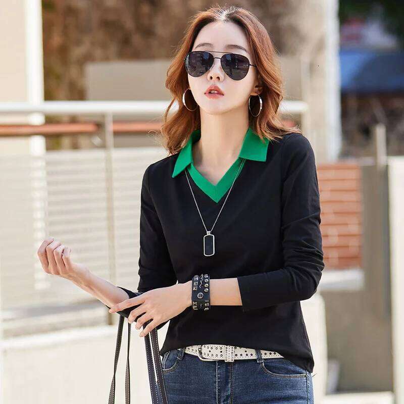 Women's Cotton Long Sleeve Polo Shirt 2026 New Loose Fit Casual Blouse Contrast Color Collar Fashion Autumn Top for Daily Wear 26W0224