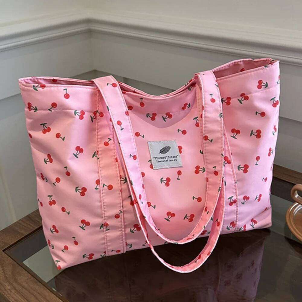 Cute Cherry berry Print Casual Tote Large Capacity Shopping Nylon Aesthetic Handbag Grocery Bag for Women Z260224