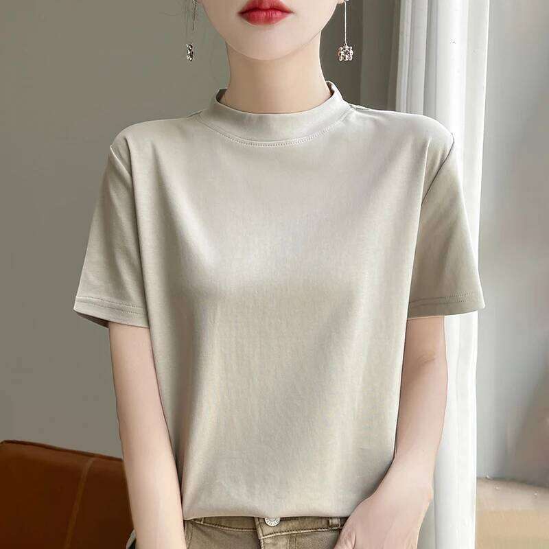 Spring and Autumn New Semi-high-necked Cotton Short-sleeved Women's Stand-up T-shirt Joker Loose Sleeve Top Slim Bottom 26Y0224