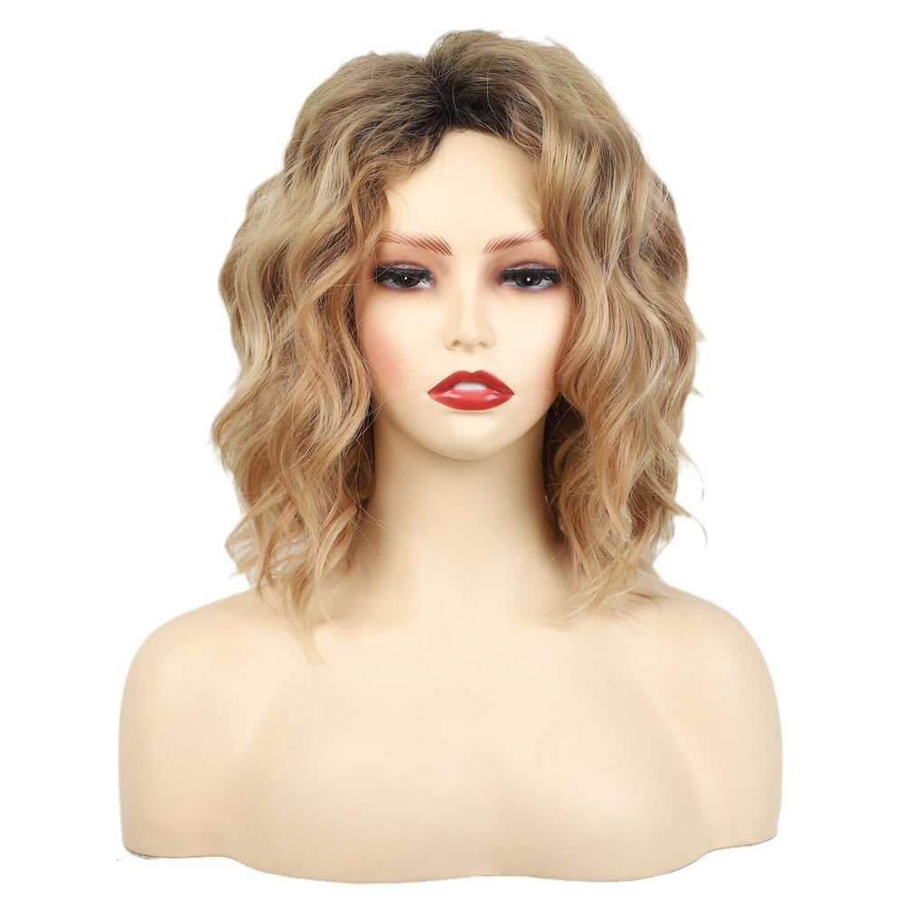 Cross-Border European And American Women's Short Curly Fashion Top Dyed Gradient Gold Side Part Synthetic Hair Wig SHXI