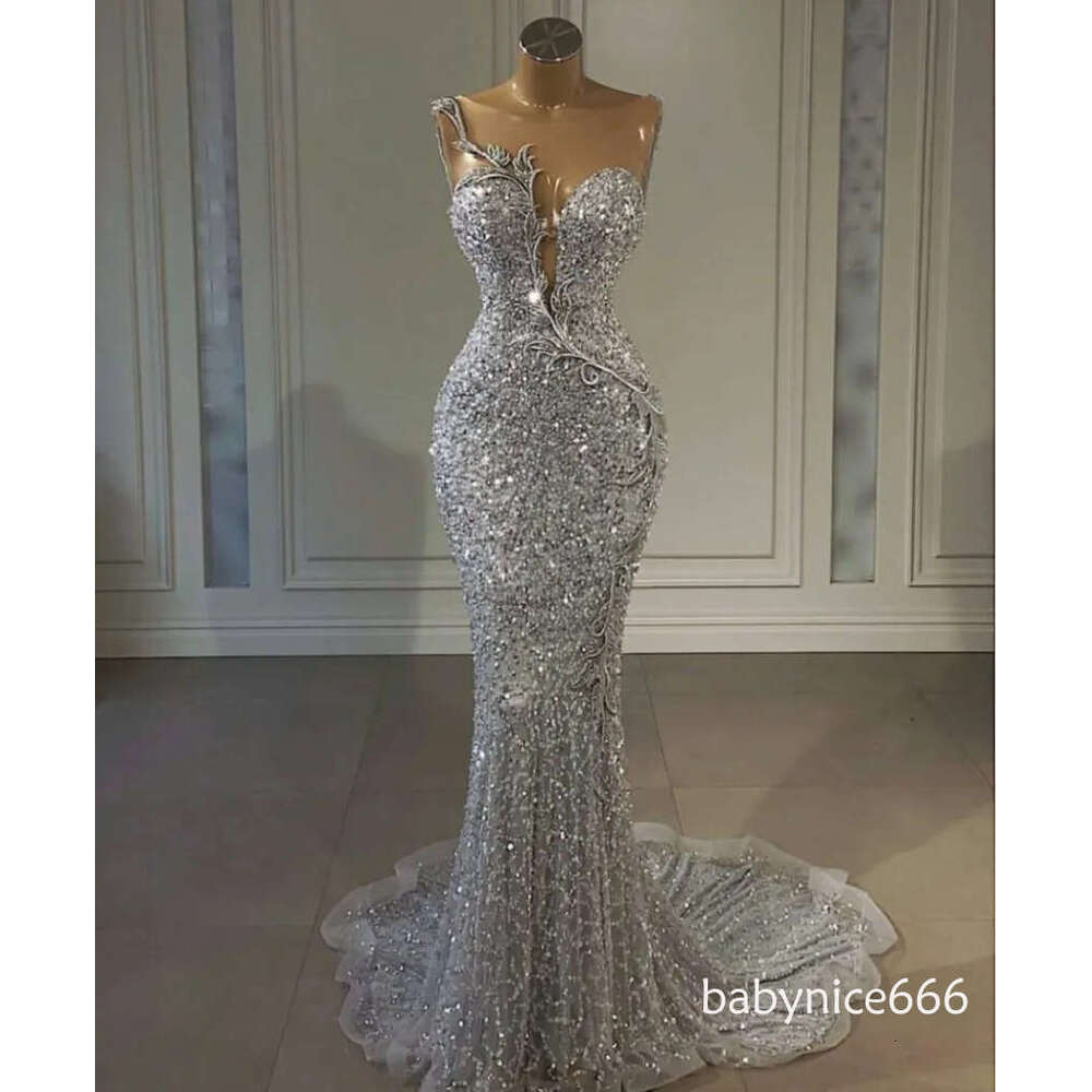 Sparkle Silver Sequined Beads Evening Dress Mermaid Sheer Neck Women Formal Party Occasion Gowns Robes Prom de bal BC15289