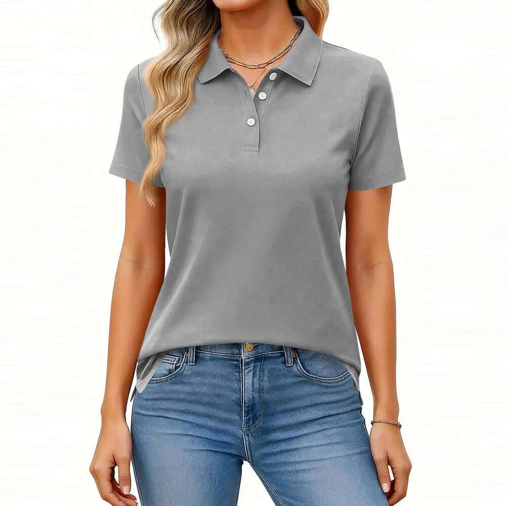 Fashion Casual Polo Shirt Short Sleeve Solid Color Button Placket Side Slits Stylish Comfortable Daily Wear Loose Fit Blouse Top 26W0224