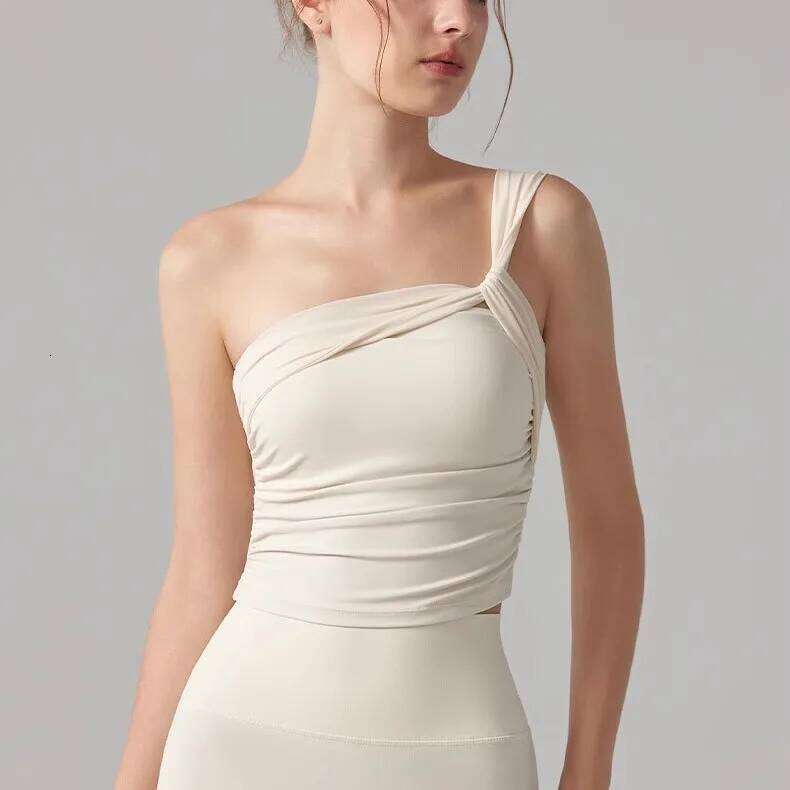 Sports Lingerie Women Summer One-shoulder Fixed Cup Yoga Suit Vest Outside Wearing Beautiful Pilates Training Fitness Bra 26Y0224