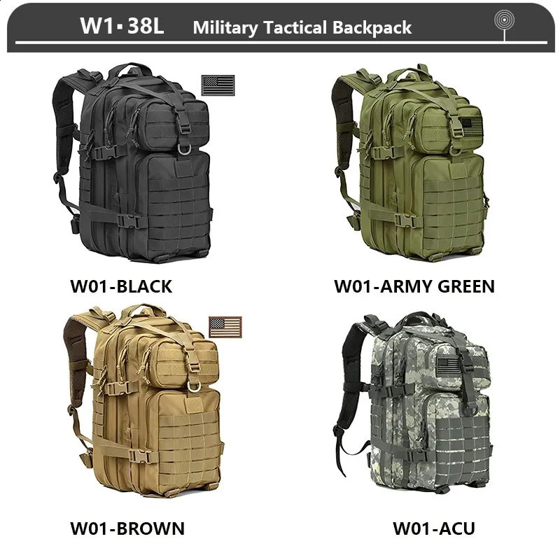 Tactical Backpack 3 Day Assault Pack Molle Bag 38/45L Large Outdoor Waterproof Hiking Camping Travel 600D Rucksack Men Fishing260128