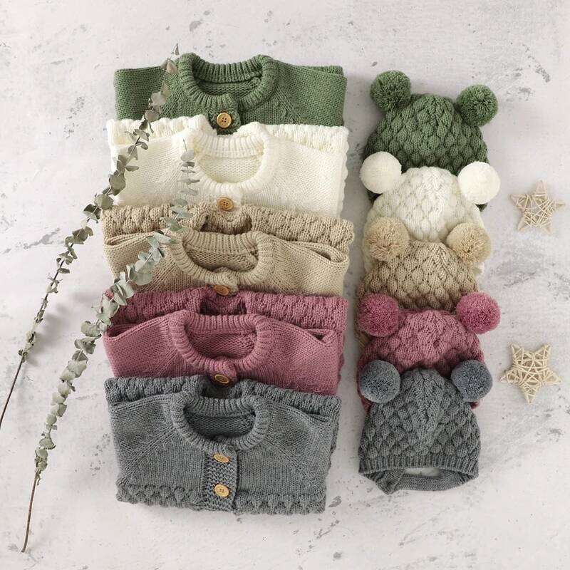 VISgogo 2PCS Baby Fall Winter Clothes Outfits Infant Boys Girls Jumpsuit Long Sleeve Solid Color Knitted Romper + Bear Hat Set 26Y0224