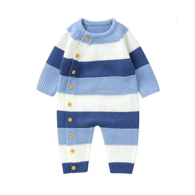 0 to 18 Months Baby Girl Boy Sweater Romper Autumn Winter Clothes Striped Crew Neck Long Sleeve Full Length Jumpsuit 26H0224