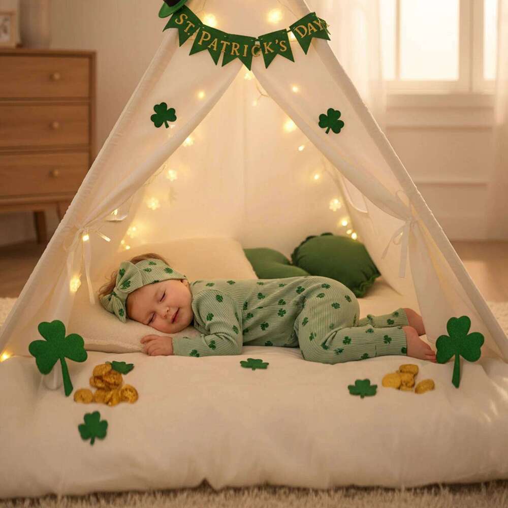 Baby Girls Rompers Irish Clothes Letter Embroidery Clover Print Round Neck Long Sleeve Infant Bodysuits Jumpsuits with Headband 26H0224