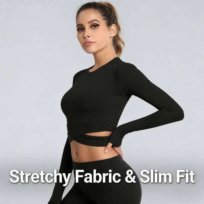 New Fitted Cropped Workout Top Long Sleeve Cut-Out Design for Dance Running & Yoga 26Y0224
