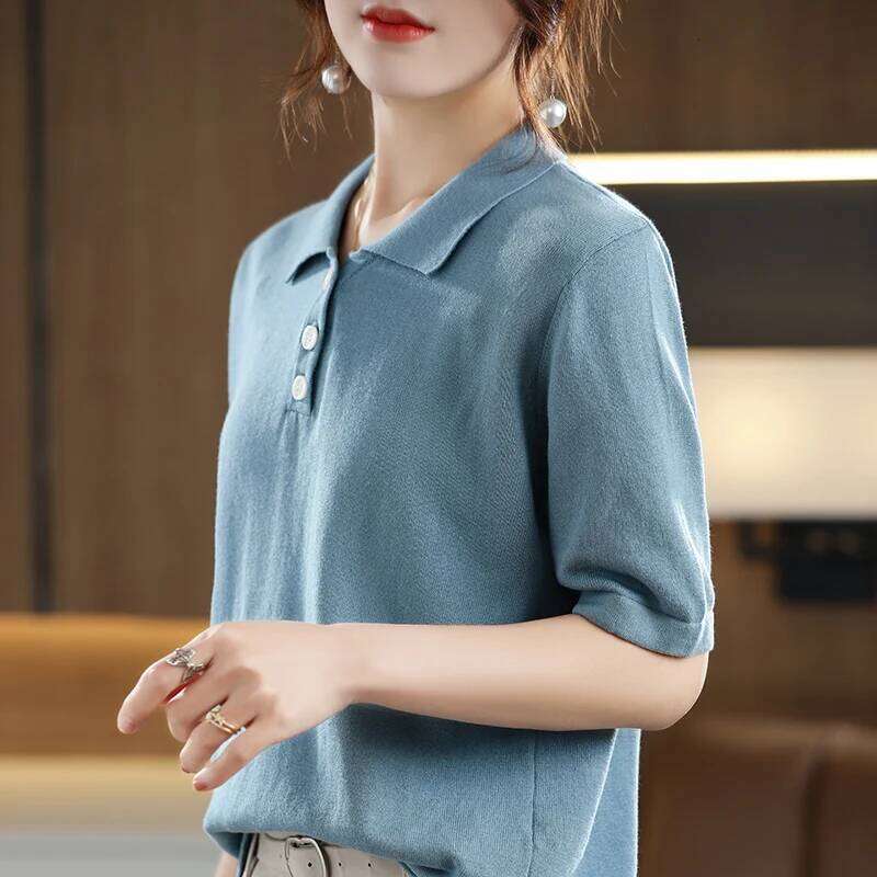 Summer 100% pure cotton women's T-shirt casual solid color knitted pullover short sleeved loose POLO collar Tees Pull vest Tops 26W0224