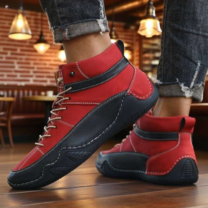 New Men's High Top Retro Classic Design Anti Slip Fashion Flat Bottom Loafers Stitched Sole Handmade Leather Driving Boots