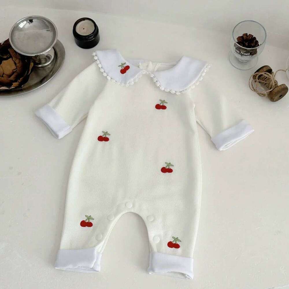 Spring Autumn Baby Girls Romper Soft Fabric Peter Pan Collar With Cherry Embroidery Newborn Infant Casual One-piece Clothing 26H0224