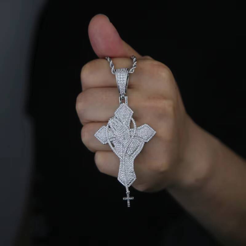 Bling SIlver Hip Hop Men Jewelry Micro Pave Moissanite Praying Hands Cross Pendant Necklace