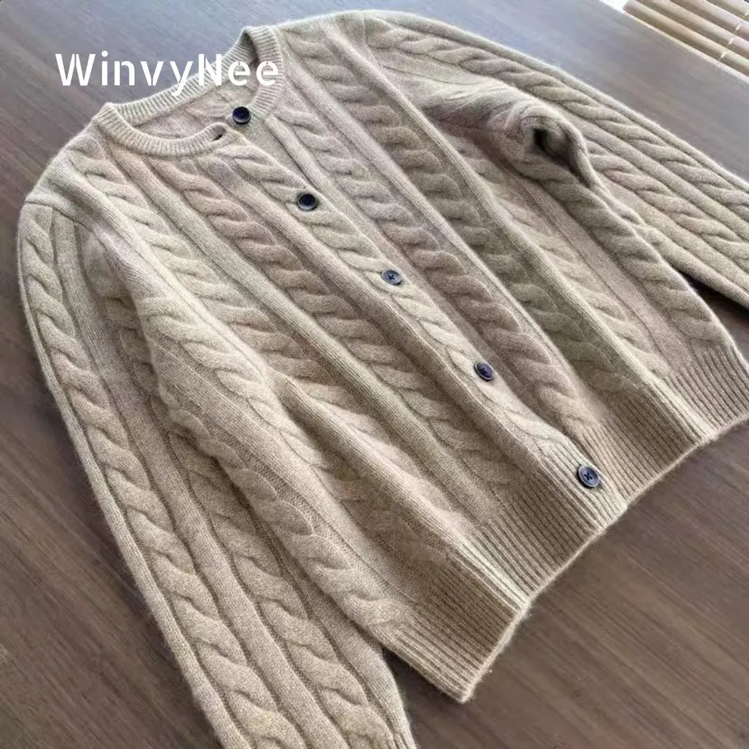 WinvyNee Womens Merino Wool Cardigans Sweater Solid O Neck Twist Casual Knitted Tops Winter Autumn Cropped Jumpers B1283006 260126