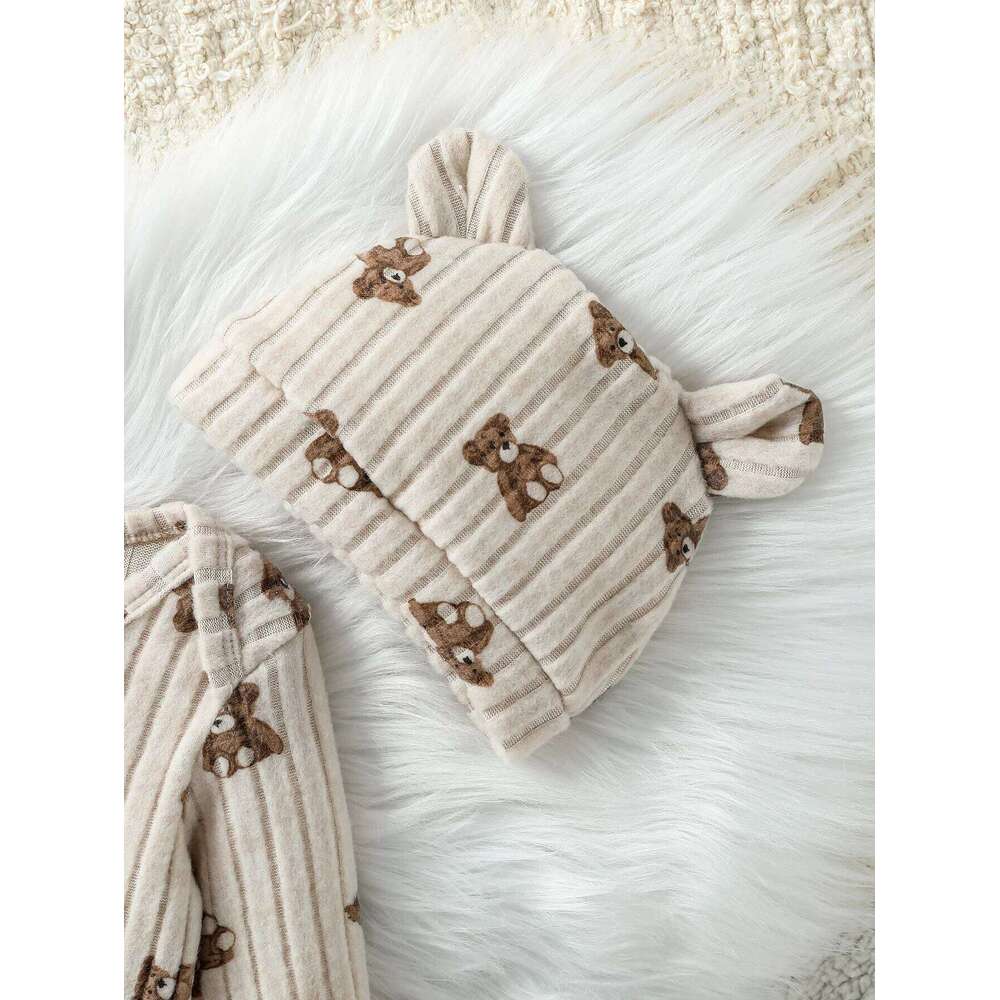 Newborn Fall Unisex Baby Girls Boys Rompers Infant Clothes Bear Print Crew Neck Long Sleeve Toddler Jumpsuits with Hat 1-24M 26H0224