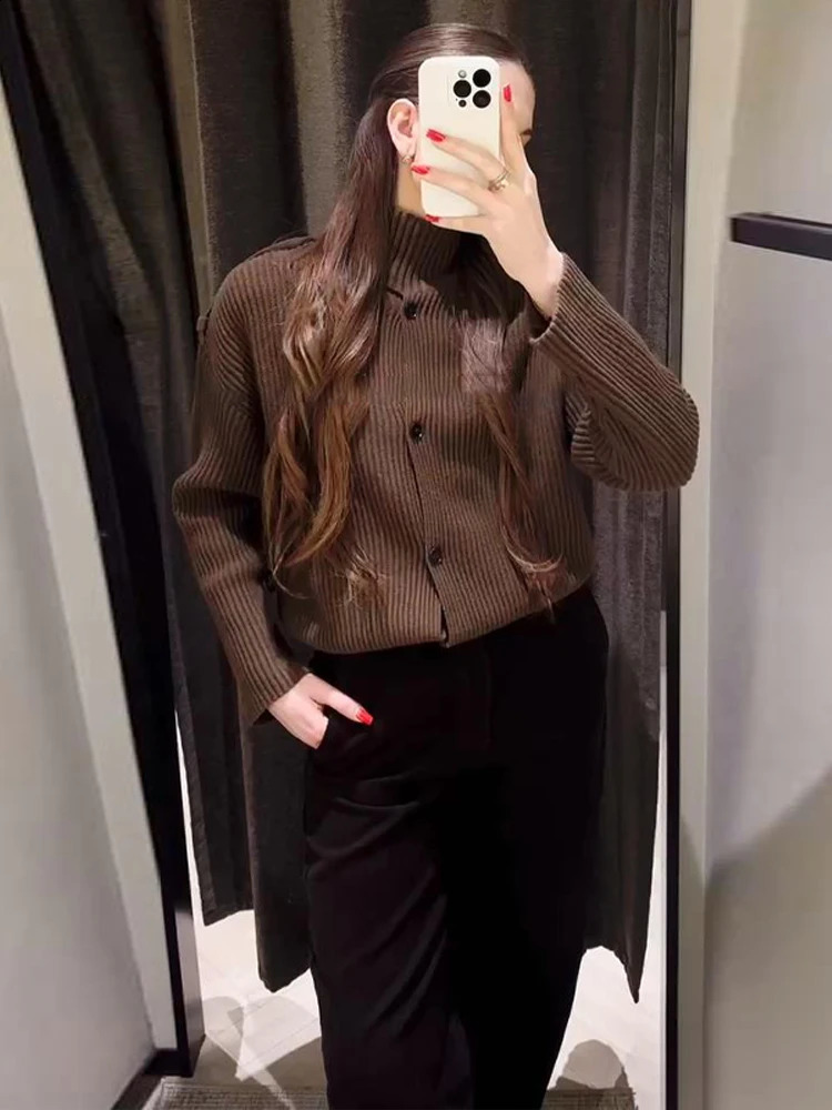 Knitted Womens Cardigan Stand Collar Full Sleeve SingleBreasted Solif Female Cardigans 2026 Spring Fashion Chic Lady Outwears 260209