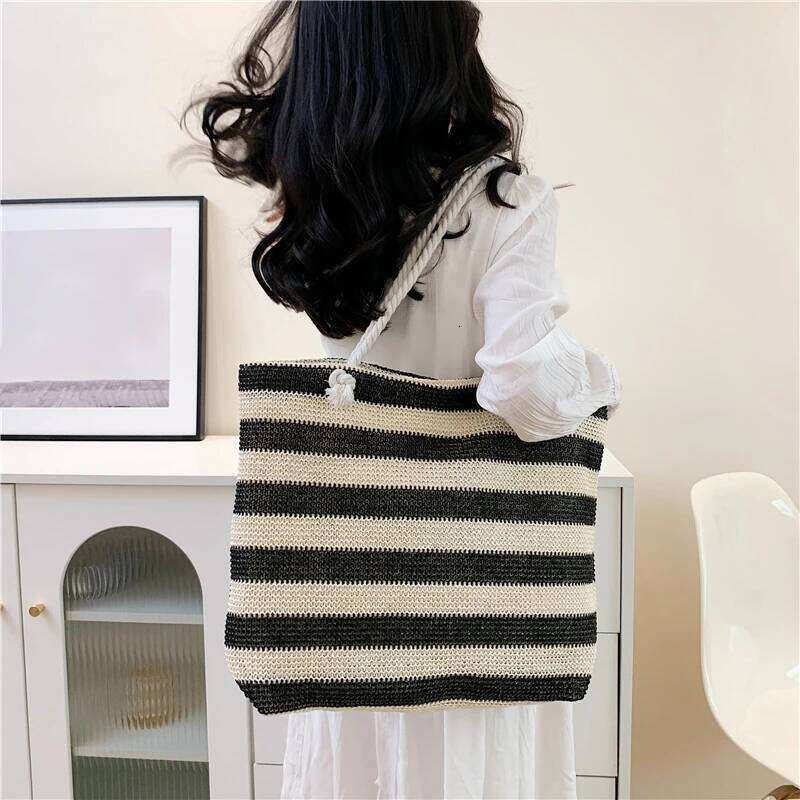 Women Color Contrast Beach Handbag Large Capacity Simple Shoulder Ladies Summer Daily Bag Z260224