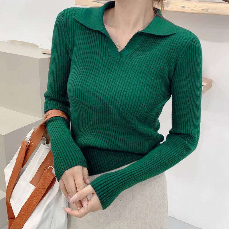 Women's Autumn Winter Pullover Solid Base All Match Sweater Lapel Polo Neck Knitted Bottoming Top 26W0224