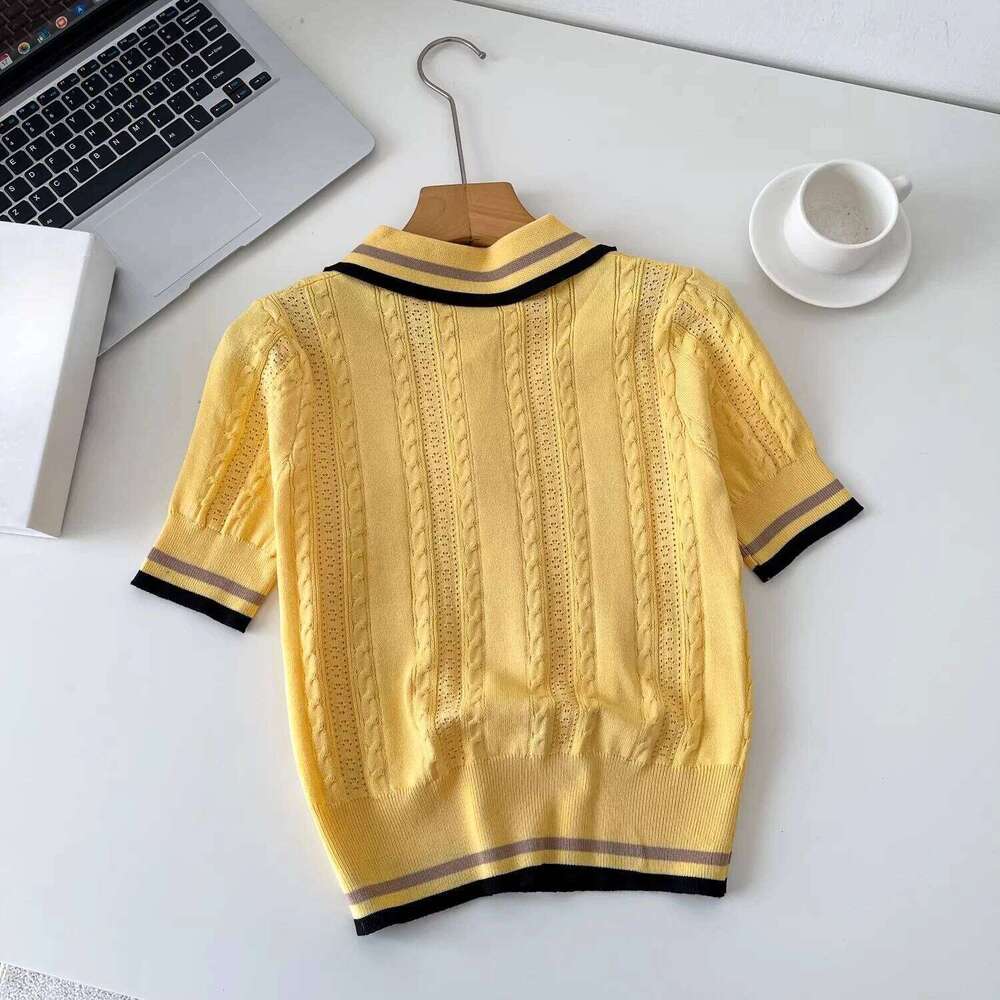 REALEFT Summer 2026 New Vintage Knitted Women's Polo Shirts Short Sleeve Bottom Hollow Out Buttons Knitwear Tops Tee Female 26W0224