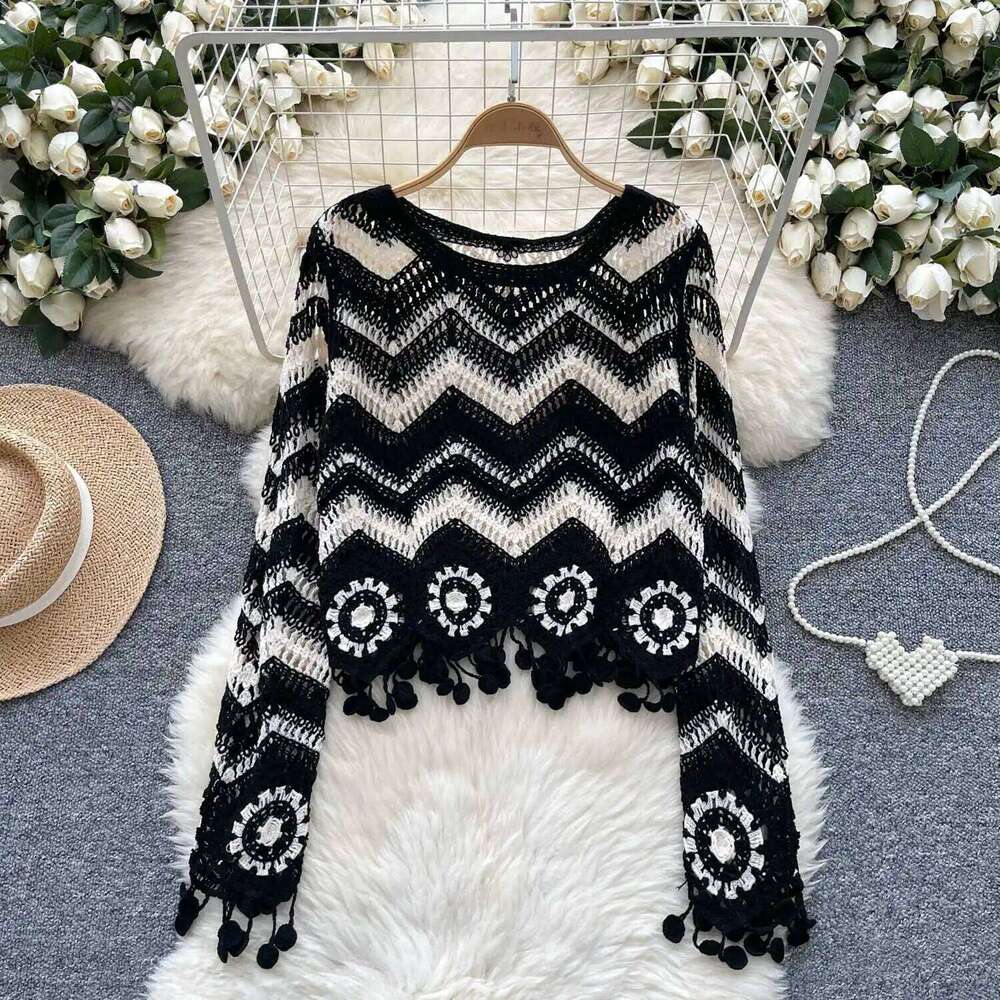 Zig Zag Crochet Sweater Tassel Details Long Sleeve Open-stitch Knit Top Pullover for Women Teen-girl Boho Vacation Outfit 26L0224
