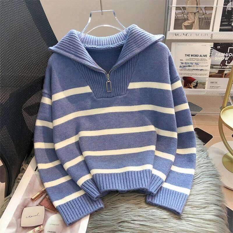Autumn Winter Fashion Striped Zippered Lapel Long Sleeve Loose Casual Knitted Sweater For Women 26L0224