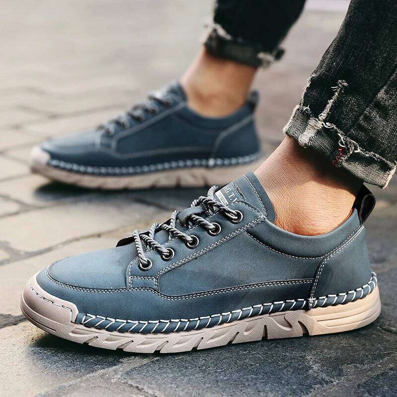 2025 New Men's Casual Shoes Hand-Stitched Leather Lace-Up Non-Slip Thick Sole Comfortable Outdoor Trendy Fashion Male Footwear