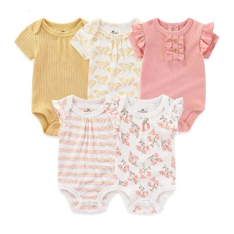Kiddiezoom 5pcs Summer Short Sleeve Boy Girl Bodysuits Soft Newborn Baby Onesie 26Y0224