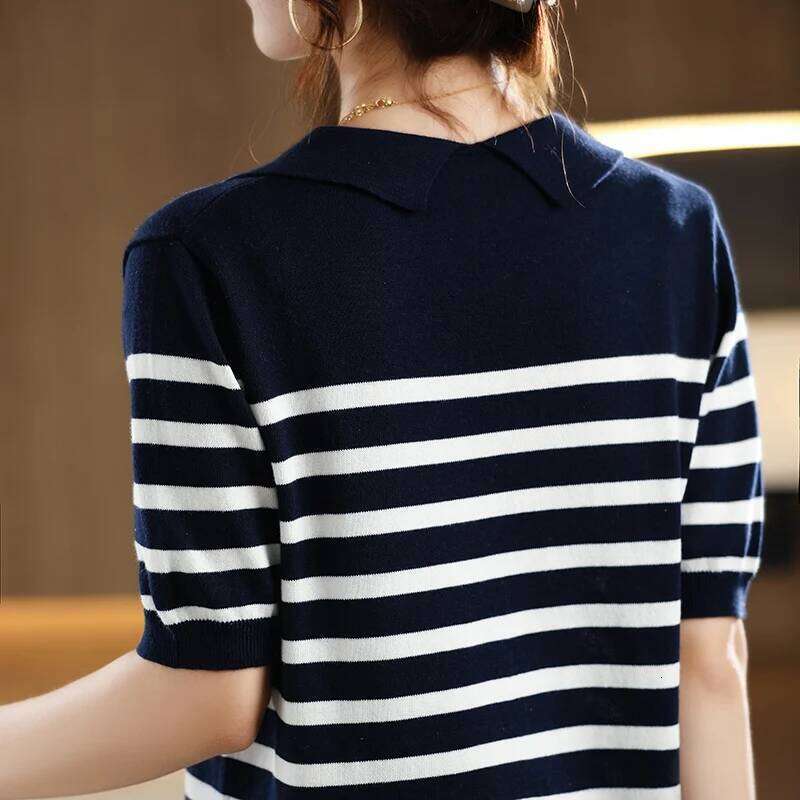100% pure cotton women's T-shirt summer new striped knitted short sleeved loose Tops POLO collar Tees Lady Blouse 26W0224