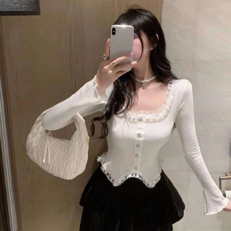 Autumn women's sweet lace square neck long sleeved top with casual button decoration knitted pullover 26L0224
