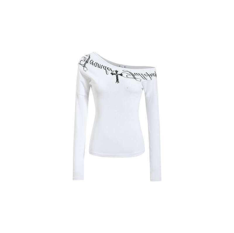 Off-Shoulder Cross Letter Print Long-Sleeve T-Shirt, 2026 Spring-Summer New Dark Gothic Hot Girl Style, Slim-Fit Casual Top