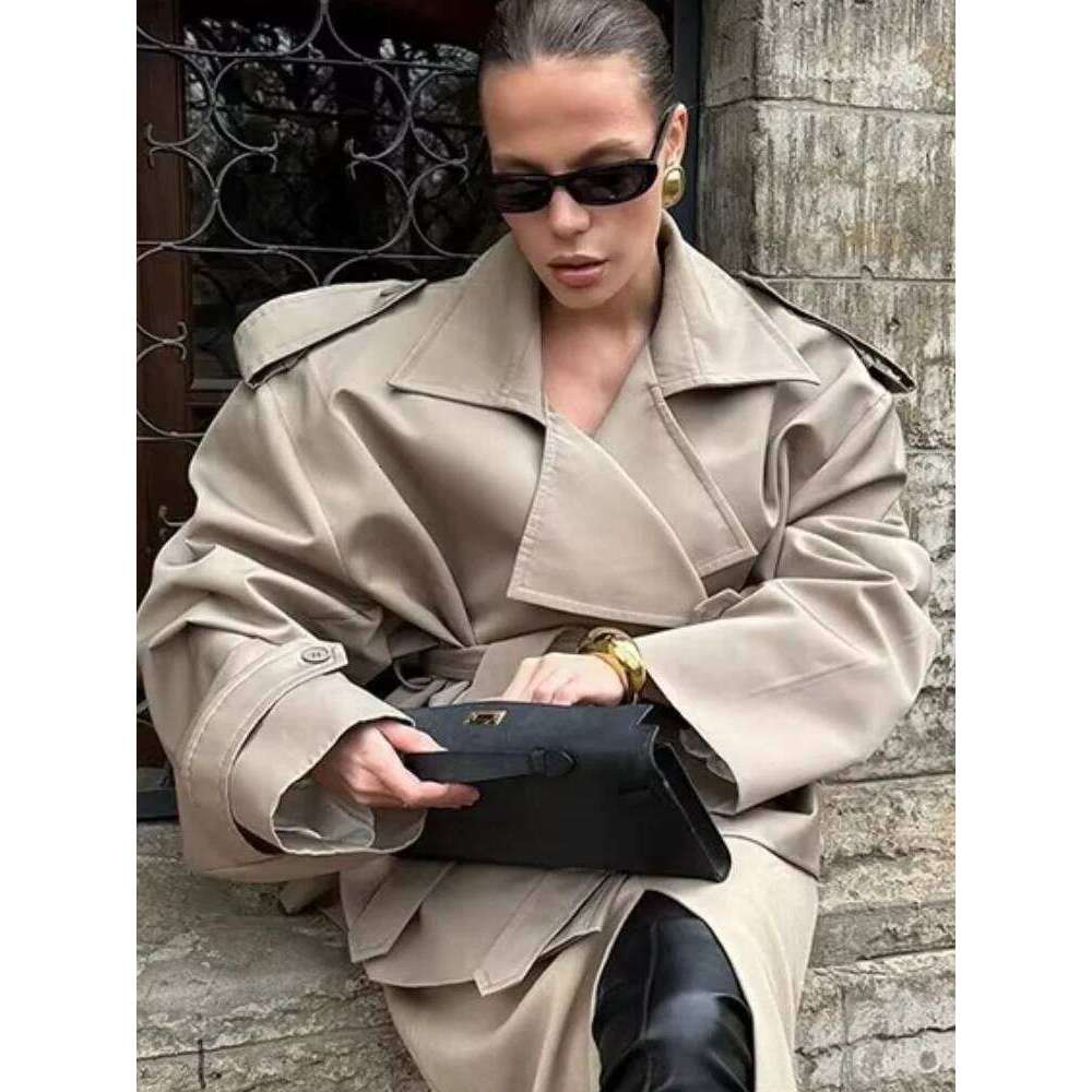 Mardi Hefxessdr Women Lace Up Loose Trench Coat Fashion Lon Sleeves Lapel Wide Shoulder Oversized Windbreaer Lady Commute Street Outerwear