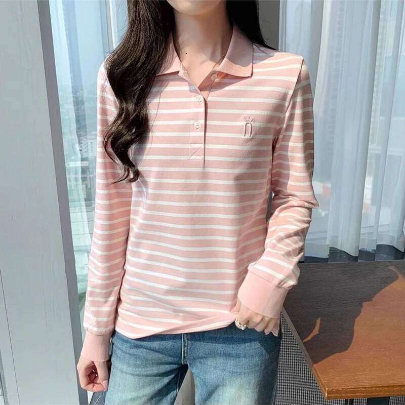 Womens Striped Polo Shirt 100% Cotton Long Sleeve Slim Fit Lightweight Top Autumn Elegant Collar Casual Versatile New Arrival 26W0224