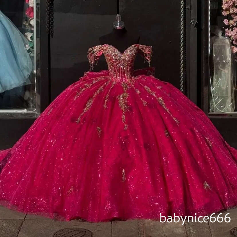 Rose Red Shiny Quinceanera Dresses Ball Gown Off Shoulder Appliques Lace Beading Crystal Bow Tull Sweet 16 Dress Vestidos De 15 Anos 4N14