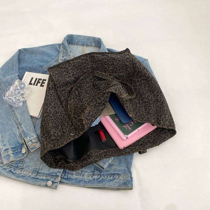 Leopard Pattern Tote Vintage Canvas Shoulder Bag Fashion Big Capacity Handbag For School Work Shopping Z260224