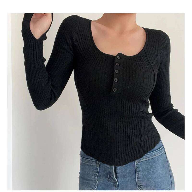 Women's Clothing Fashion All-match Solid Knit Pullovers Spring Summer Elegant Square Collar Chic Button Sweater Lady Vintage Top 26L0224