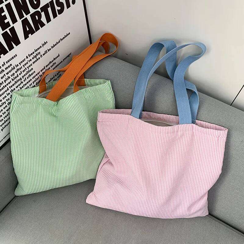 Stripe Contrast Color Women's Canvas Shoulder Large Capacity CollegeBook Tote Zipper Handbags Simple Commuter Shopping Bag Z260224