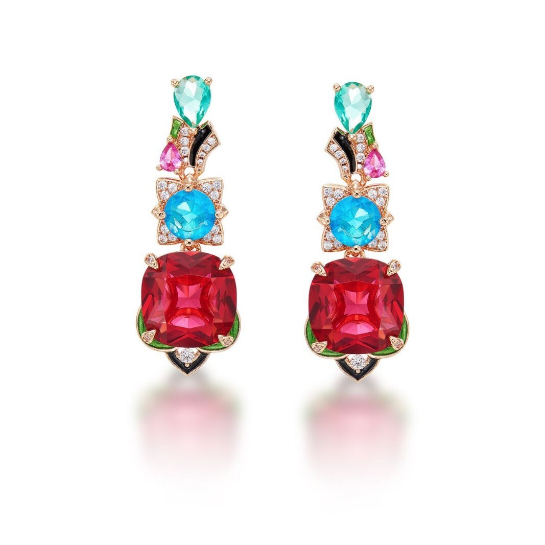 Earrings Simulated Red Diamond Earrings, Gold-Plated, Contrasting Colors Earrings, Symmetrical Inlay Earrings, Fashionable And Luxurious Women's 